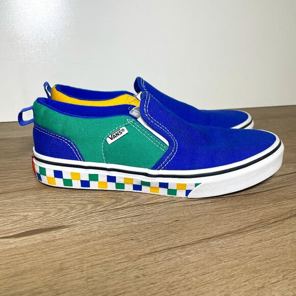 Kids 4.5Y Blue, Yellow & Green Checkered Slip On Vans - Picture 1 of 8